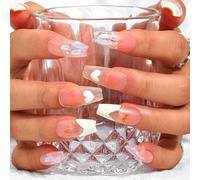 Sethexy Handmade Long Coffin False Nails Aurora Gradient Fake Nails Rhinestone Glitter Glossy Press On Nails Crystal Acrylic Sparkle Salon Quality Nail Art Removable for Women and Girls (P)