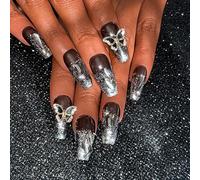 Sethexy Long Coffin Black False Nails Handmade Rhinestone Glitter Glossy Fake Nail 3D Butterfly Crystal Press On Nails Sparkle Salon Quality Nail Removable for Women and Girls(M)