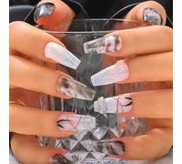 Sethexy Long Coffin Handmade False Nails - Black, Ink Painting, 3D Design, Floral Press on Nails Women Salon Stick on Nails 10PCS