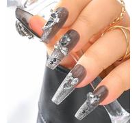 Sethexy Long Coffin Handmade False Nails - Glitter French Tip, Rhinestone, 3D Design Press on Nails Women Salon Stick on Nails 10PCS