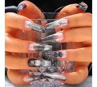 Sethexy Long Coffin Handmade False Nails - Goth Rose, 3D Design, Rhinestone, Gradient Press on Nails Women Salon Stick on Nails 10PCS