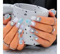 Sethexy Long Coffin Handmade False Nails - Gradient 3D Design Rhinestone Press on Nails Women Salon Stick on Nails