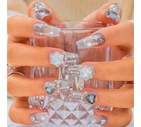 Sethexy Long Coffin Handmade False Nails - Luxury Sparkly Rhinestone, Gradient, Glitter Star, Goth Press on Nails Women Salon Stick on Nails 10PCS