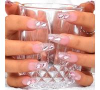 Sethexy Long Coffin Handmade Pink False Nails Rhinestone Glitter Fake Nails with Design Glossy Acrylic Salon Press On Nails for Women and Girls (D)
