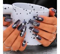 Sethexy Long Coffin Handmade Press On Nails Black Gradient False Nails with Design Acrylic Glossy Fake Nails for Women and Girls 10PCS (Black2)