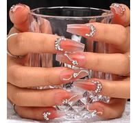 Sethexy Long Coffin Pink False Nails Handmade Rhinestone Blush Gradient Fake Nails 3D Crystal Chain Press On Nails Glossy Acrylic Salon Quality Nail Art Removable for Women and Girls (O)