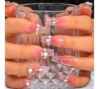 Sethexy Long Coffin Pink False Nails Handmade Rhinestone Blush Gradient Fake Nails 3D Crystal Love Heart Chain Press On Nails Glossy Acrylic Salon Quality Nail Art Removable for Women and Girls (J)