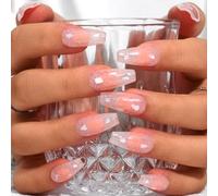 Sethexy Long Coffin Pink False Nails Handmade Rhinestone Blush Gradient Fake Nails Crystal Glitter Press On Nails Glossy Acrylic Salon Quality Nail Art Removable for Women and Girls (V)