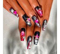 Sethexy Luxury Long Coffin False Nails Black Handmade Rhinestone Glossy Fake Nails 3D Crystal Acrylic Press On Nails Glitter Salon Quality Nail Removable for Women and Girls(N)