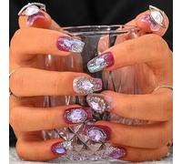 Sethexy Luxury Purple Rhinestone Handmade Fake Nail 3D Crystal Medium Coffin False Nails Aurora Glitter Press on Nail Salon Nails Metallic for Women and Girls 10PCS (E)