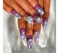 Sethexy Luxury Purple Rhinestone Long Coffin Fake Nail 3D Crystal Handmade False Nails Aurora Glitter Planet Press on Nails Salon Durable Quality Nails for Women and Girls(H)