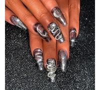 Sethexy Punk Long Coffin False Nails Handmade Rhinestone Glitter Glossy Fake Nails 3D Dragon Crystal Moon Press On Nails Hand-painted Salon Quality Nail Removable for Women and Girls(Z)
