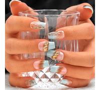 Sethexy Short Coffin Handmade False Nails - Gradient, French Tip, Rhinestone, Gold Glitter Press on Nails Women Salon Stick on Nails 10PCS