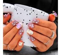 Sethexy Short Coffin Handmade Press On Nail Pink Acrylic False Nail Glossy Cat Eye Fake Nails with Design Salon Nails for Women and Girls 10PCS (Pink7)