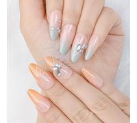 Sethexy Short Oval Press on Nails Gradient Rhinestone Fake Nail French Butterfly False Nails Glitter Crystal Stick on Nail for Women and Girls 24Pcs