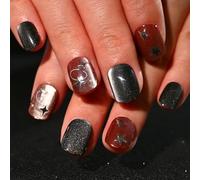 Sethexy Squoval Press on Nails Short - Maroon, Black, Cat Eye, Star Design Acrylic Full Cover Fake Nails for Women 15 Sizes - 30 Pcs Soft Gel Nails Kit with Glue