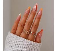 Sethexy Swirl Almond False Nails Orange French Stiletto Stick on Nails Wave Line Fake Nails 24Pcs Acrylic Art Press on Nail Tips for Women and Girls