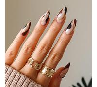 Sethexy Swirl Almond False Nails Wave Line Stiletto Stick on Nails Abstract Brown Fake Nails 24Pcs Acrylic Art Press on Nail Tips for Women and Girls