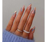 Sethexy Swirl Almond False Nails Wave Line Stiletto Stick on Nails Abstract Pink Fake Nails 24Pcs Acrylic Art Press on Nail Tips for Women and Girls