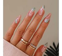 Sethexy Swirl Almond False Nails Wave Line Stiletto Stick on Nails Abstract Pink Green Fake Nails 24Pcs Acrylic Art Press on Nail Tips for Women and Girls