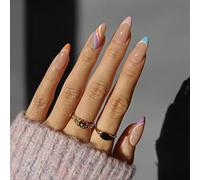 Sethexy Swirl Almond French False Nails Wave Line Stiletto Stick on Nails Abstract Pink Fake Nails 24Pcs Acrylic Art Press on Nail Tips for Women and Girls
