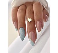 Sethexy White French False Nails Almond Blue Quartz Press on Nails Pink Glossy Fake Nail 24Pcs Acrylic Stick on Nails for Women and Girls