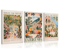 SETRIS 3Pcs Dolce Far Niente Italy Amalfi Coast Canvas Wall Art, Vintage Italian La Dolce Vita Travel Landscape Poster Print, Orange Floral Wall Decor Artwork for Living Room Bedroom Home Wall