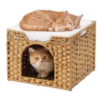 SETVSON Cat Beds Indoor Kitten House, Handwoven Rattan Cat Cave Pet Cube, Large Cat Houses, One Bed Mat, Foldable, Hideaway, 16.5x16.5x13.2 Inches, 2 S-Shaped Hooks in Living Room Bedroom Natural
