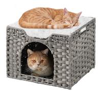 SETVSON Cat Beds Indoor Kitten House, Handwoven Rattan Cat Cave Pet Cube, Large Cat Houses, One Bed Mat, Foldable, Hideaway, 16.5x16.5x13.2 Inches, 2 S-Shaped Hooks in Living Room Bedroom Gray