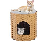 SETVSON Cat House for Indoor Cats, Large Double Cat Houses Cat Bed Cave, Handwoven Rattan Pet Beds with Double-Sided Soft Pad, 17 x 17 x 17 Inches Foldable Kitten Hideaway in Living Room Natural