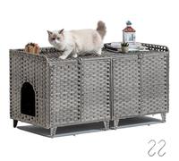 SETVSON Cat Litter Box Enclosure for 2 Cats, Double Litter Box Furniture with Litter Mat, Large Rattan Hidden Kitty Cat House with Double Room and Doors, 2 S-Shaped Hooks, 2 Inch Fence Gray