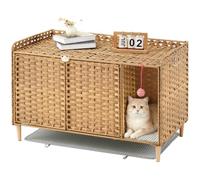 SETVSON cat Litter Box Enclosure Furniture, cat Litter Box Furniture Large, Natural Handwoven PE Rattan, Breathable, Solid Wood Legs, 2 Hooks, 2 Litter mat