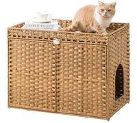 SETVSON Cat Litter Box Enclosure Furniture, Handwoven Rattan Hidden Litter Box with Mat, Large Space Cat House with 2 S-Shaped Hooks 30.3 x 18.3 x 24.4 Inches, Indoor for Living Room Apartment Natural