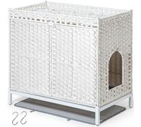 SETVSON Cat Litter Box Enclosure Furniture, Hidden Handwoven Rattan Litter Box with Mat, Large Cat House with Metal Heightened Feet, 30.3 x 18.3 x 28 Inches, Indoor for Living Room, Bedroom White
