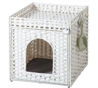 SETVSON Cat Litter Box Enclosure Furniture, Hidden Litter Box with Mat and Fence, Handwoven Rattan Cat House with Two S-Shaped Hooks for Living Room, Bedroom, 18.5 x 20.5 x 19.1 Inches (White
