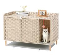 SETVSON cat Litter Box Enclosure Furniture, Litter Box Furniture Large, Light Khaki Handwoven PE Rattan, Solid Wood Legs, Hidden Litter Box for Living Room, 2 S-Shaped Hooks, 2 Litter mat, Breathable