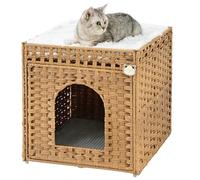 SETVSON Cat Litter Box Enclosure Furniture with One Cat Bed Pad, Hidden Litter Box Handwoven Rattan Cat House with Two S-Shaped Hooks for Living Room, Bedroom, 18.5 x 20.5 x 19.1 Inch,Natural