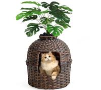 SETVSON Cat Litter Box Plant Furniture Enclosure, Hidden Handwoven Rattan with Cat Litter Box and Artificial Plants, Odor Control Filter, Real Stones in Living Room, Bedroom, Corner (Brown)