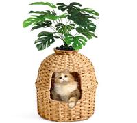 SETVSON Cat Litter Box Plant Furniture Enclosure, Hidden Handwoven Rattan with Cat Litter Box and Artificial Plants, Odor Control Filter, Real Stones in Living Room, Bedroom, Corner Natural