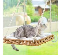 SETVSON Cat Window Perch, Cat Window Hammock Bed for Indoor Cats, Large Handwoven Rattan Window Seat, 4 Suction Cups, Double Sided Washable Cushion Bed, 2.3 Inch Fence Shelf, for Pet Kittens Natural