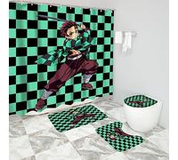 Seubyebvi 4-Piece Anime Kawaii Shower Curtain Set Black and Green Plaid Backdrop Bathroom Set with Cute Characters Curtain and Rug and Accessories Fabric Shower Curtain with 12 hooks-72 x 72 inches