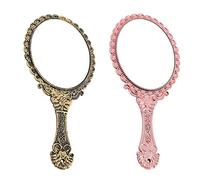 Seully 2 Pieces Retro Hand Held Oval Handle Makeup Mirror Pocket Beauty Tool (Bronze, Rose Gold)