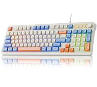 SEUNKWANG EWEADN G98 RGB Gaming Keyboard Wired, Retro Creamy Membrane Keyboards with Media Knob, Number Pad RGB Backlit, 98 Keys Quite Membrane Computer Keyboard for MAC Xbox PC Gamer -White&Blue