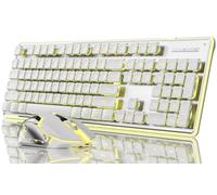 SEUNKWANG EWEADN V3 Wireless Keyboard and Mouse with Yellow Backlit, Metal Panel, Bluetooth/2.4G Rechargeable Computer Keyboard and Mouse Combo Silent Light up Full Size Cute Keyboards-White