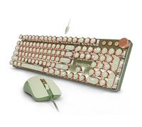 SEUNKWANG Wired Typewriter Keyboard and Mouse Combo, Retro Mechanical Keyboard with Multimedia Knob, White Backlit, Metal Panel, Low Noise Pink Switch Keyboard Mouse Set for PC Laptop - Green