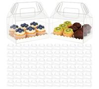 SEUNMUK 100 Pack Clear Gable Bakery Gift Boxes, Clear Treat Boxes with Handles & Cardboard, Party Favor Box for Cupcake, Dessert, Cookies, Wedding, Party, Christmas(6.5" x 3.5" x 3.5")