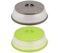 SEUNMUK 2 PCS 10.5 Inch Collapsible Microwave Splatter Cover, Silicone Microwave Food Cover with Steam Vents, Multi-Functional Plastic Fruit Basket Strainer, BPA-Free, Green and Gray