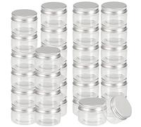 SEUNMUK 30 Pack 1oz/30ml Column Clear Plastic Jars Small Portable Empty Storage Containers Jars with Aluminum Screw Lid, Small Plastic Sample Jar for Cream, Glitter, Slime, 35mm x 50mm