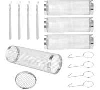 SEUNMUK 4PCS Rolling Grill Baskets, Stainless Steel Grilling Cages with Hooks and Forks, Barbecue Cages BBQ Tool for Outdoor Cooking Camping Meat Vegetables Seafood