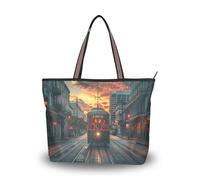 Sevdomey Advancing Trams Tote Bag for Women with Zipper, Large Capacity Canvas Handbag for Work, Travel & Shopping